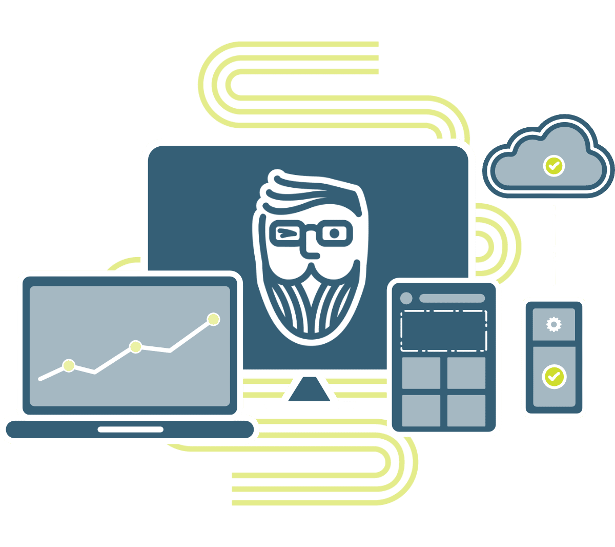 array of blue and green graphics showing responsiveness across devices