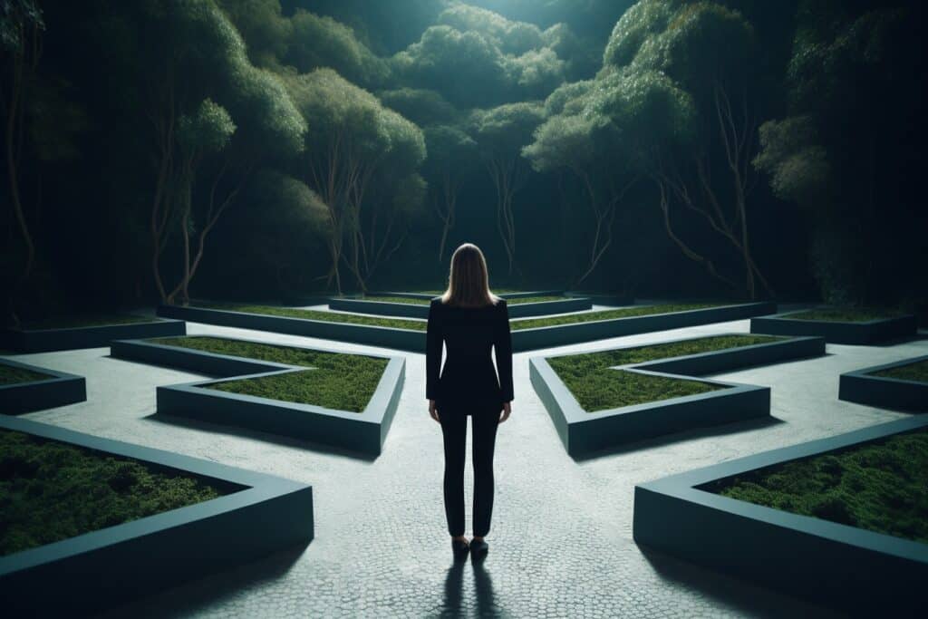 perriw_47573_a_business_woman_standing_in_front_of_a_path_that__bd170fa6-3d4c-450a-82b6-3dca13df839a